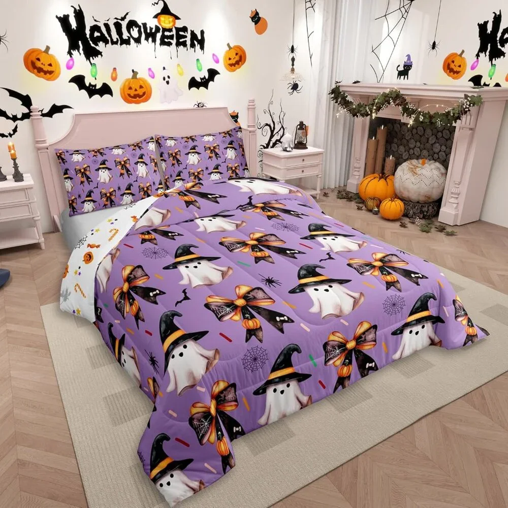 Purple Halloween Witch Ghost King Comforter Set, NIB